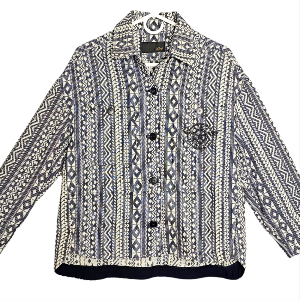 LeShop Navy Cream Tapestry Button Font Southwestern 2 Pocket Blazer Size S